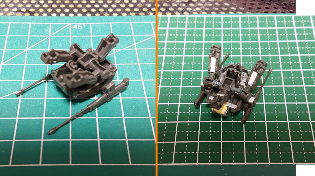 前足を切り離し、ボールジョイントのようになるよう改造しました。
また、肉抜きをプラ板で塞ぎ、銃火器のマガジン下部にもディテールアップのプラ板を張り付けています。