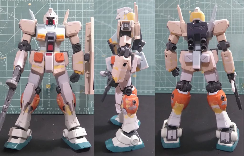 ミキシングの構成は以下。・頭部=ガンダム(旧HGUC)・胴体/腰部=GMカスタム+GM改(※印象を左右する前スカートはGM改のものを縦に延長し、パワードGMからヘリウムコアを追加)・肩/腕=GM改(※肩部スラスターと関節部マルイチパーツはコトブキヤ製品でディテールアップ。下腕は2mm延長)・太腿=GM改、膝あて=ガンダム、ふくらはぎ=パワードGM、スネ+足=GMⅢ写真は基本工作が済み、サフを吹く直前にプロポーション・チェックしたところ。この後、基本塗装まで済んだ段階で、後ハメ加工していた左の膝関節がボッキリ折れるハプニング発生(泣)。しかし、GM系の共通パーツですぐに補修。オッサン・モデラーは時間が貴重なので立ち直りが早いのです(笑)。