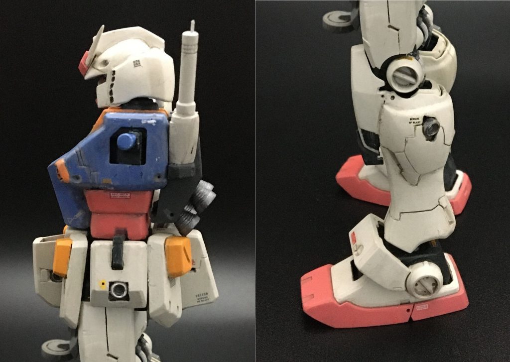 腰部の前後フンドシを延長し、“アヒルさん”を再現。バズーカ・ラッチのギミックは断念。頭部は一番イメージに近い旧HGUCを使用。前後の分割下側をクサビ状に2mm幅増しした後、後頭部にポリパテをもって“あさの&カトキ”コンビのこだわりラインを。“売り”であるふくらはぎはパワードGMがベースです。二重構造を利用して内外のスラスターを追加工作、上縁には薄々攻撃。太腿で2mm、ふくらはぎ下で5mm延長しています。足首スリッパは数あるGMバリエーションの中から、GMⅢのものを選んで削り込み。世に出ているHGUC改造カトキガンダムのほとんどは、GMカスタムかGM改のスネを流用しているようですが、どうもイメージに合わず、パワードGMのパーツを見たときに“これだ!”。追加正面ダクトには賛否あると思いますが、「戦争末期の改修機」ということで。