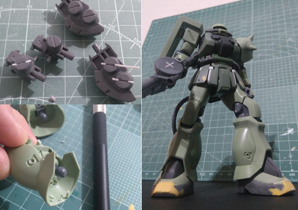 ベースにした「F2ザク」キットは名作なので、プロポーションはいじらず終い。気になったのは、肘と膝にある丸関節です。いろいろ解釈はあると思いますが、キット形状そのままだとどうしてもスケール的に違和感があったので、溝の両端に0.3mmプラ板の細切りを貼って、肘・膝計12個を埋めました。雑誌作例と同様の形状にした前後スカートの加工も含め、面倒クサかったけど効果てきめん。やってよかった(笑)。