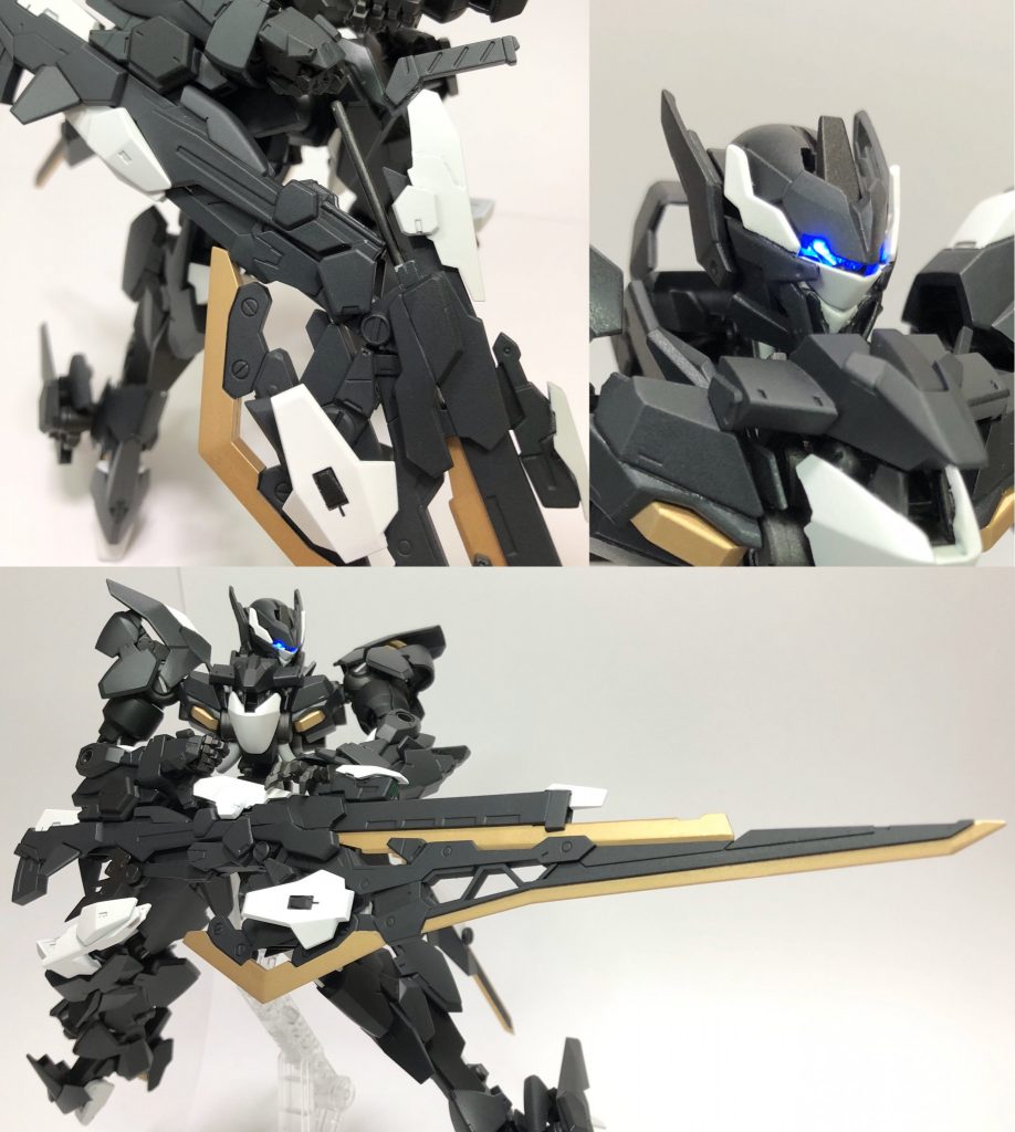 レールガンに高周波ブレードを接続した形態。それぞれのジェネレーターを連結する事によりダインスレイヴを発射可能とする出力を得る。弾頭にはアンクルバンカーを取り外して用いるが、これらはダインスレイヴ所持をカモフラージュするための措置である。弾頭の装填は中折れ式で行い、発射の際にはレールガン後方下部に展開された放熱フィンにより強制排熱を行う。 尚、この形態では長距離狙撃に対応するためフェイス部分がスライドし、バイザーが開放される。
〈強襲形態〉