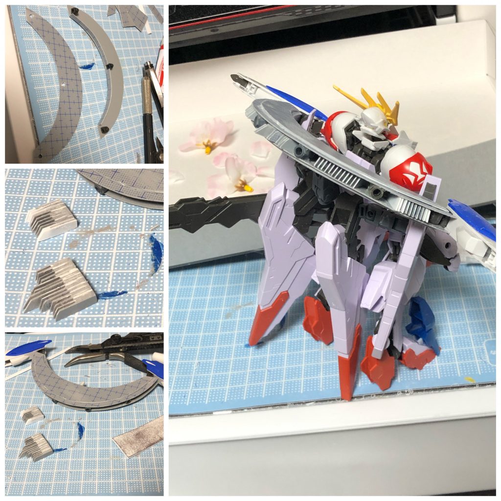 扇型スラスターはスクラッチで作成した曲線切るのはめがっさ難しいかったのでスジ彫り用の針で分度器であとをつけてデザインカッターで切りました。