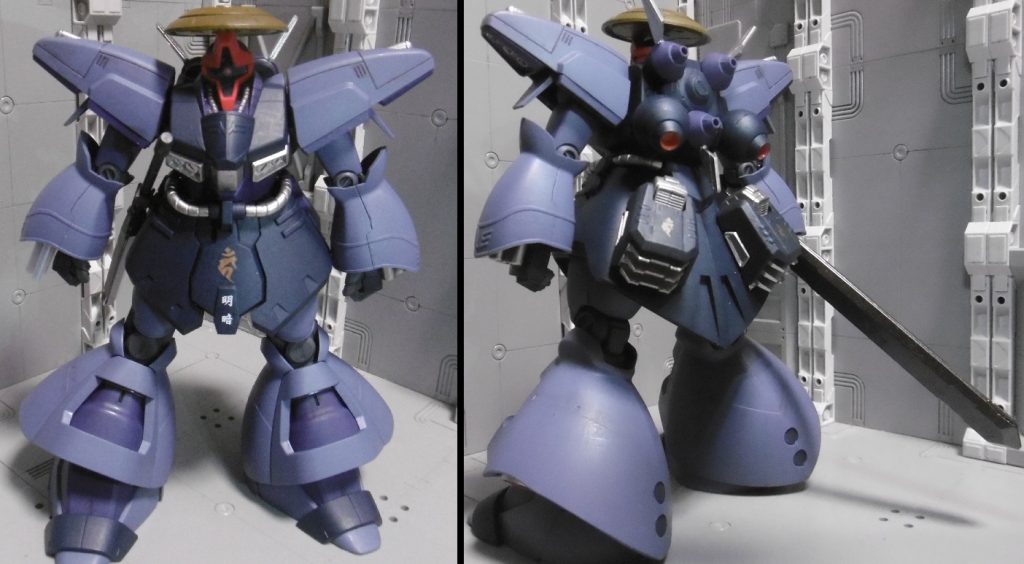 トライブレード装備型に変えて帯刀。もしかしたら忍者の変装かもしれない説を内包させてみました。
頭レドーム装備は『Ｇの影忍』に登場する「コムソードム」を参考に。
通常索敵＋妖怪探知レーダー。
僧兵の発想はＳＤの「怒雷仙（武者ドライセン？）」より。
元の所属は一切関係ないため、エングレービング塗装はしていません。
リアスカートのスラスターはホバーユニットに変更。
その他にも色々と弄っています。