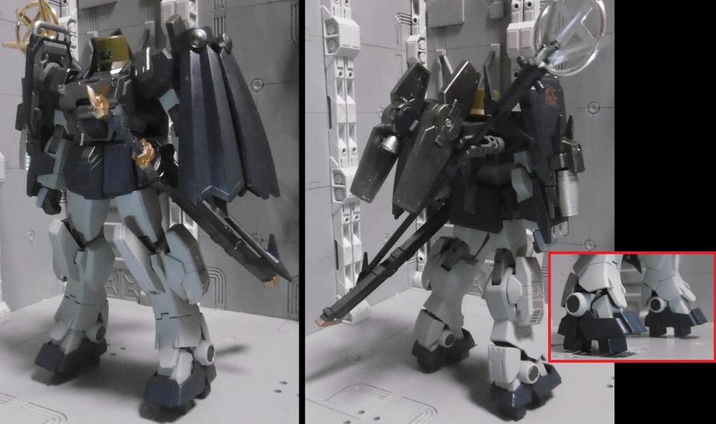 僧兵のイメージカラーにしました。白黒ではなくEz-SR成型色のグレーを残し、スミ入れは敢えてしていません。これは「情報量を増やす事で装甲の脆弱部を突かれるのを防ぐ」ためです。あくまで主敵は妖怪。
実は下駄だったりします。僧兵の参考画像を見ている内に気に入って。