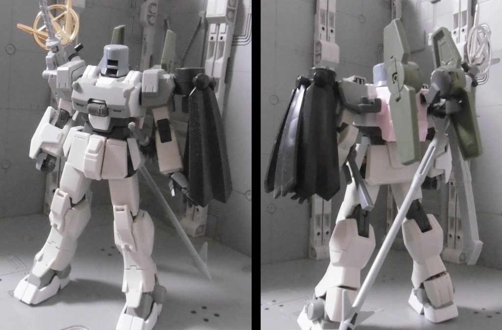 構想の第二段階。初期段階では「Ez-SRシャドウファントム+ジム改」でしたが、色々あって現在の形(第三段階)に至りました。
第二ではEz8も使っていたり、刀の位置が違ったり十手を持ったりと方向性が迷走していた記憶。
初期は吹き矢や深編笠の構想もあったものの、特に吹き矢に関しては「どのMSに効くのか?」で混乱し挫折。