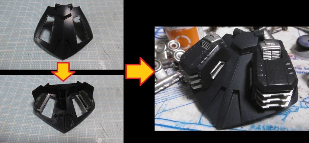 リアスカートのスラスターは切り取り、裏側の内部パーツもそれに合わせて加工。ＭＳグランドのホバーユニットメカ部を接着（先にメタリック塗装をしてから）し、黒く塗ったカバーを取り付け。

地上のホバー移動化＋短時間の滞空を可能にしました。