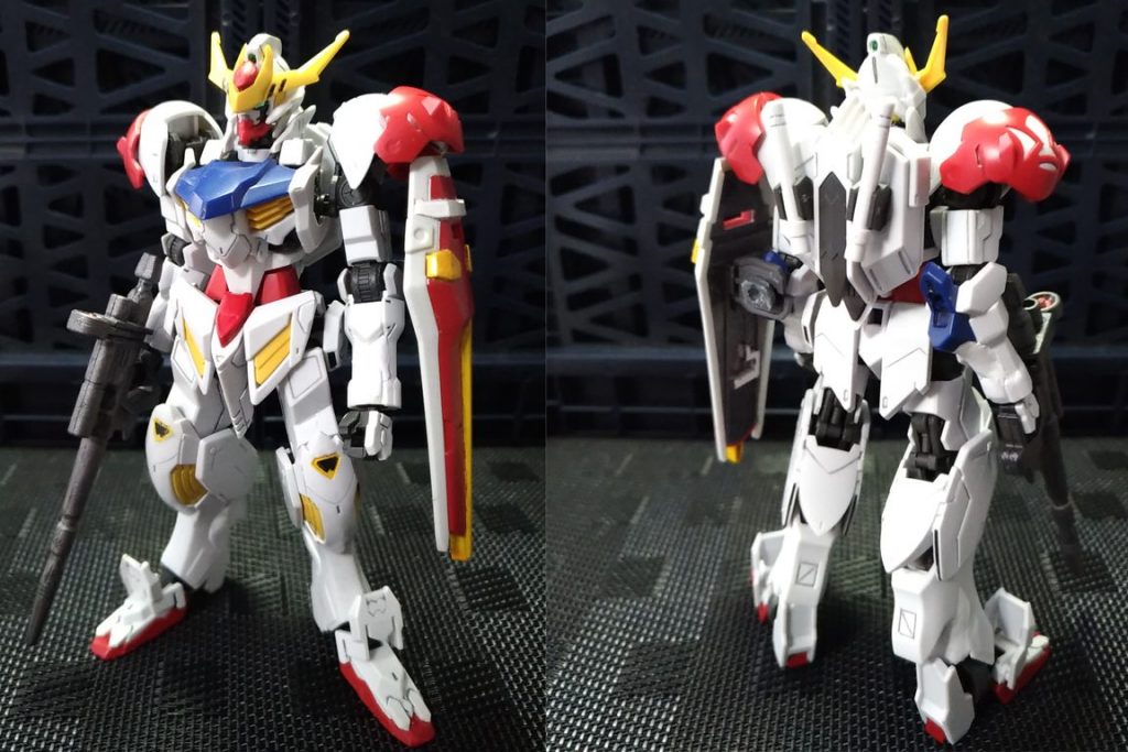 いじった点は
頭にトサカ。おでこを赤く。
首横のパイプ?をカットしてWのマシンキャノンの蓋を取り付け
腕のパイプを埋めて、二の腕の後ろをプラバンで隠して
足のフレームをアスタロトの太ももとパテで隠して
お腹をAGE3を使って見慣れた感じにして、腰部の青を赤くして
かかとを赤くして、つま先を埋めてみました。
装備は鉄血らしからぬライフル、サーベル、シールドをもたせてよりいつものガンダム感を出してみました。
塗装はマーカーとライフルだけ筆塗り
スミ入れはサクラペンとシャーペンです。