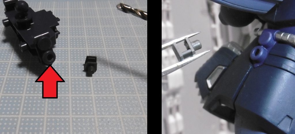 サイドアーマーの下部を３ｍｍ開口し、鉄血オプションのジョイントパーツを取り付け。ソードメイスを帯刀できるようにしました。
後方のホバーユニットとはギリギリ干渉しません。
偶然ながら絶妙な配置になりました。