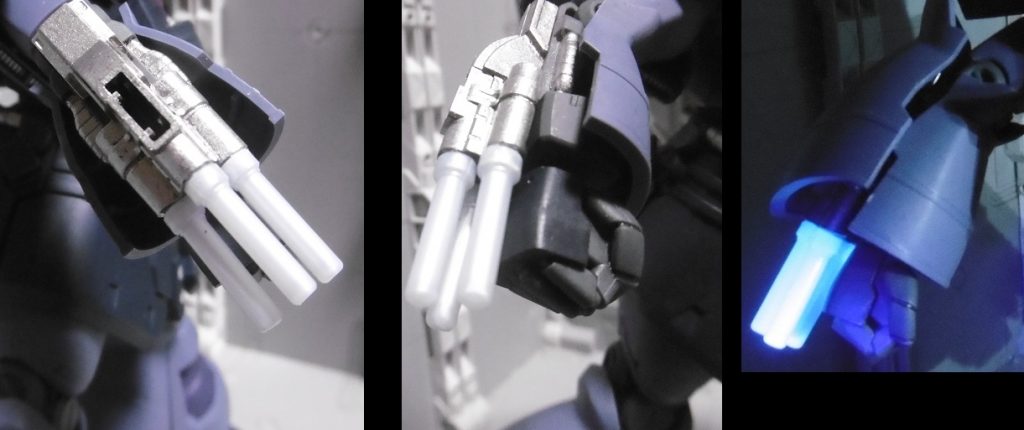 右腕の三連ビームキャノンは切り落とし、量産型ゲシュペンストＭｋ－Ⅱ（スパロボＯＧ）がよく使うような「プラズマステーク」化。
フルクロスＧＢＦＴのビームサーベルグリップからビーム発振口を切除し、表面積を増やしてから瞬間接着。パールホワイト成型色により直でブラックライト反応するため、ここだけ未塗装です。

本来は左腕装備のものですが、右専用の格闘兵器にしました。