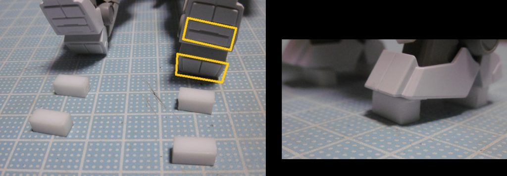 下駄の表現は、5mmのプラ角材を4つ切り出して該当箇所に接着。
Ez-SRの足は転倒し易い事でも有名ですが、下駄構造にしたら逆に倒れ難くなった感もあるのは気のせいでしょうかね?
実は前作のと併せて初めてのプラ材工作だったりします。
例え「切って貼っただけ」でも、自分にとっては大きな成果。
プラバン工作は苦手なので、今後やるかどうかは分かりませんけどね。