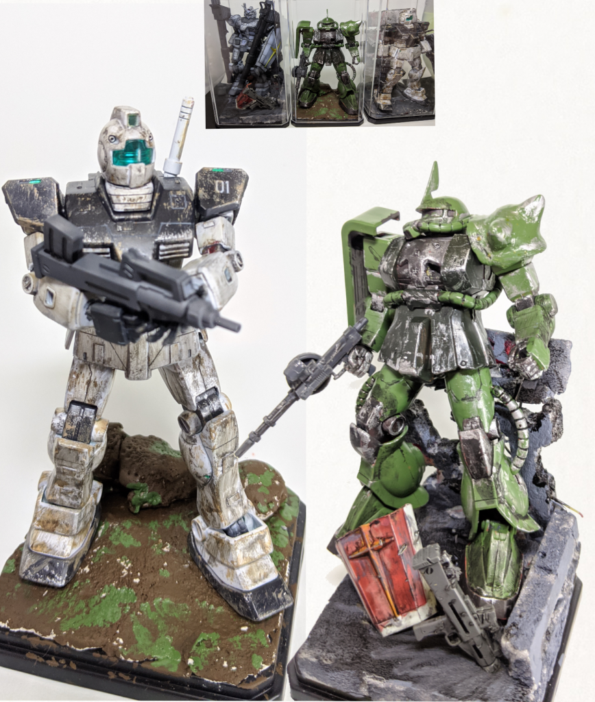 他にも武装を変えたりジオラマ変えたりと楽しいです。
材料は石粉粘土とスチレンボードとケース全部ダイソーで買ってます。ezなので皆もぜひやってどうぞ。最後まで見て下さりありがとうございました(gandam-hand1)