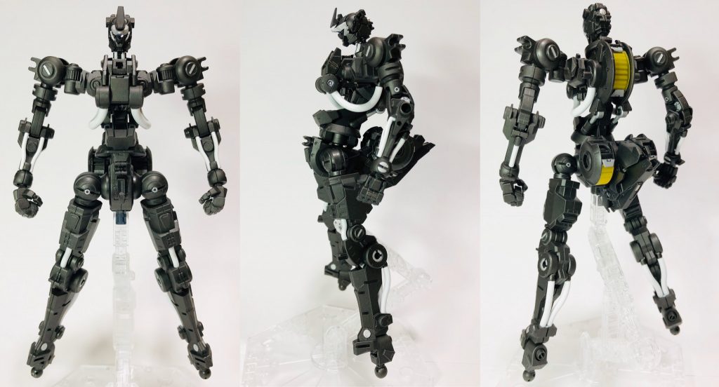 〈改修箇所〉・頭部の形状変更及びミライトの組み込みによるセンサー発光・コクピットを追加・胴体、首を延長・手首をM.S.Gのワイルドハンドに交換・腰部にガンダムフレームのリアクターを移植し、スラスター開閉ギミックを追加・リアクターに透明プラ板によるカバーを追加・その他ディテールアップ
〈非武装時全周〉