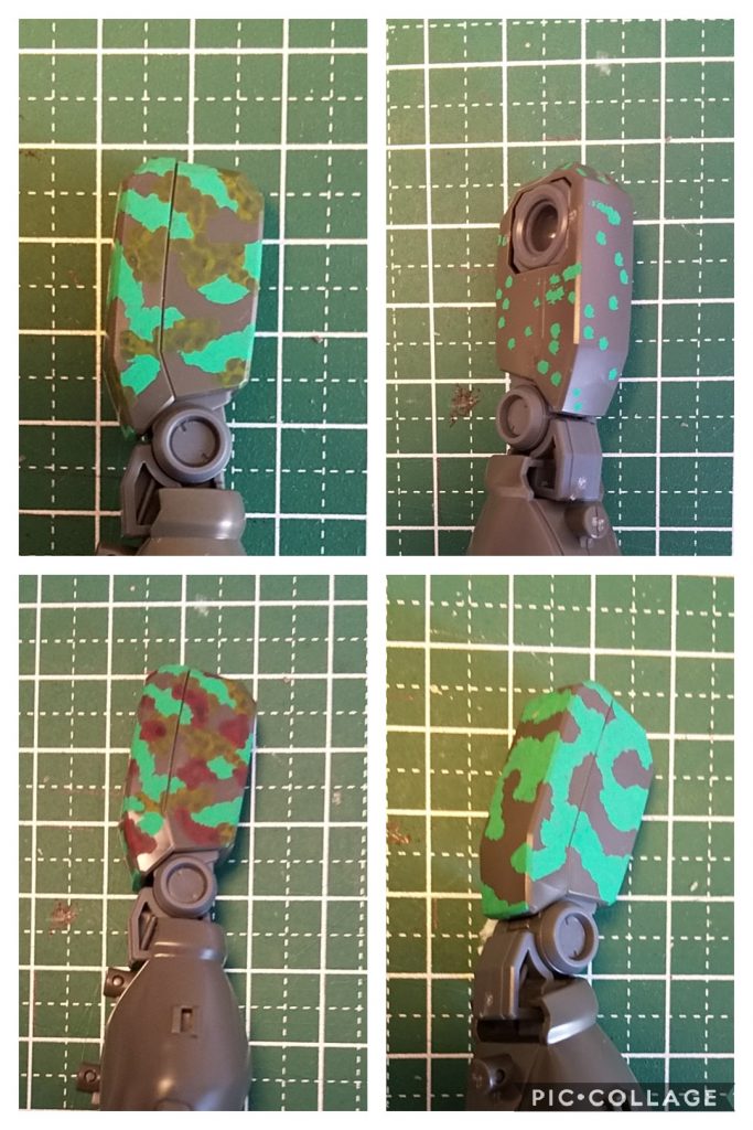 最初はみどり色で右上のように点を全体に散らします。
次に右下のように適当に繋げ、成型色:みどりが4:6程度になるように調整します。塗り過ぎたかな、位でちょうどいいと思います。
次に左上のようにカーキグリーンでみどりと成型色の上をつなげていくように塗ります。
最後に左下のようにダークブラウンを散らしていきます。