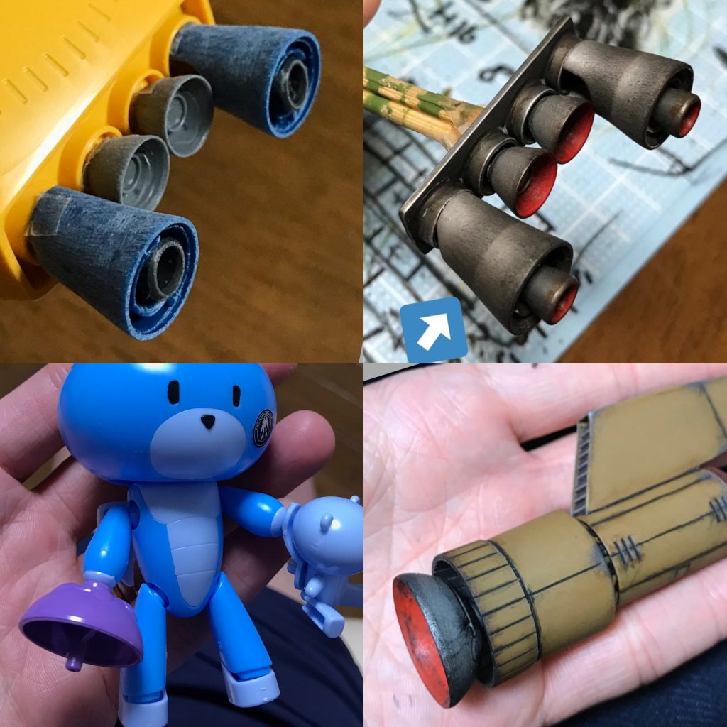 バーニア部分はジャンクパーツで新調しました。
紺の長細いのは、アヤメちゃんの太ももを加工しました。
お椀型のバーニアは、娘のプチッガイの手繋ぎパーツを拝借しました。