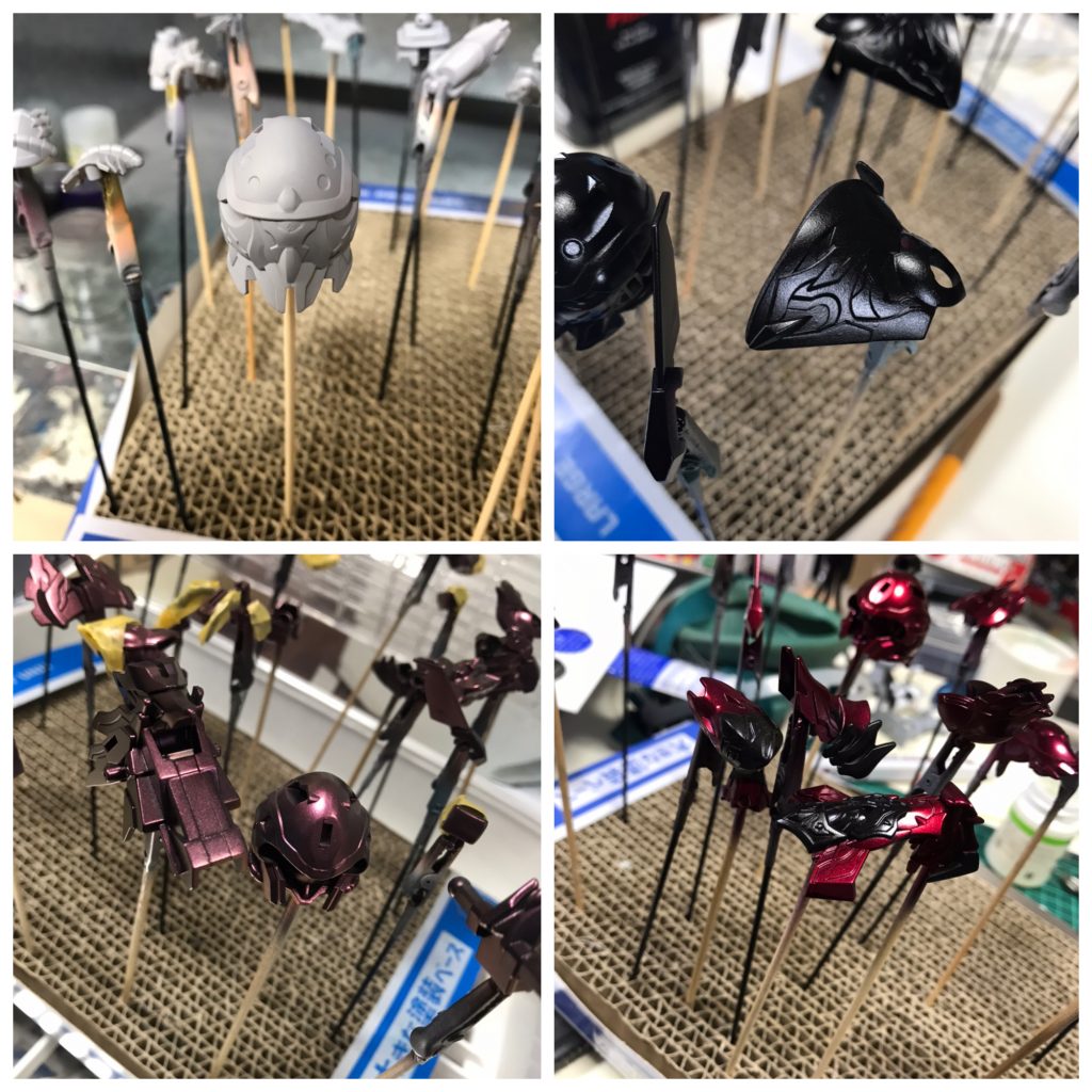 サフ→Mr.カラーブラック→クリアダークレッド+ルビーレッド→クリアレッド+ルビーレッドで塗装。
この辺りからひたすらマスキングです。