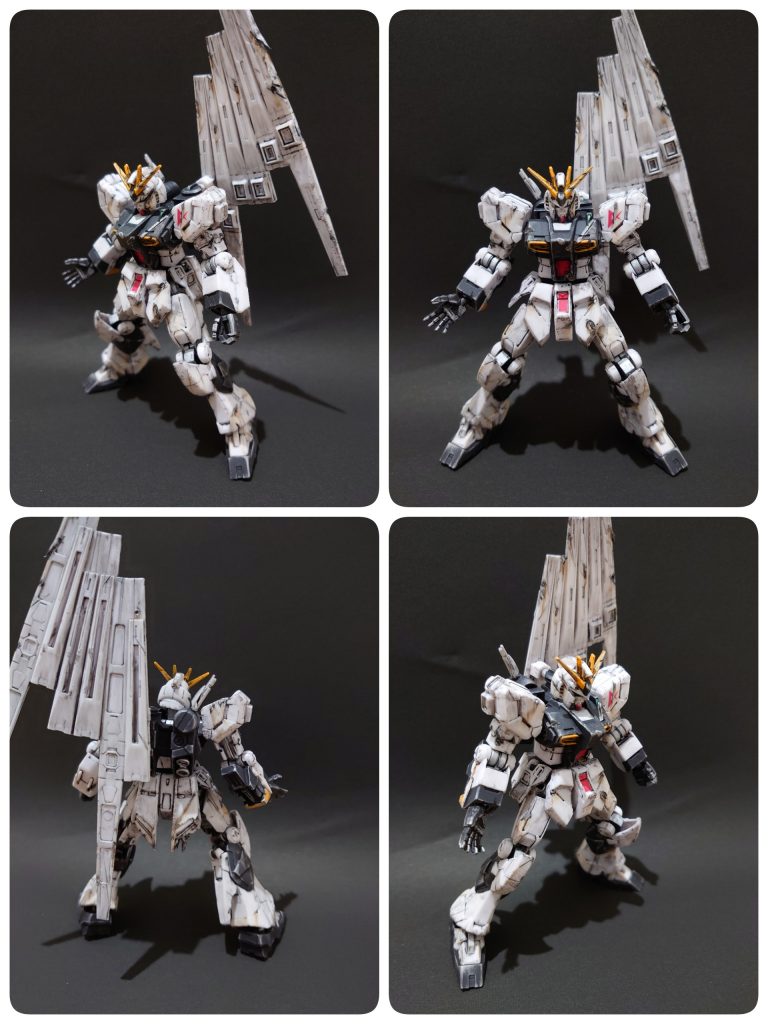 ダメージ加工は、

１ヤスリを全体的にかける、またデザインナイフやペンチを使用し弾痕やフレームのちぎれを表現

2ウェザリングカラー（ブラック）で溝にブラックを染み込ませ、余分な溶剤は拭き取り
シタデルカラーシルバーで塗装しました!

ホワイトのランナーでは、いまいち上手くいかずサザビーの方が装甲が剥げたように見えてよかったです!