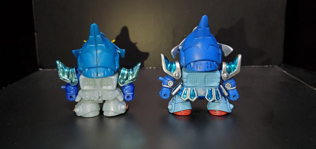 元キットと比較。
1.脚の軸追加と幅増し
2.腕や手首に軸を追加
3.腰やお尻部分に霞の鎧の一部パーツを追加
4.バイザーの穴あけや羽根飾り？部分の大型化、ジュエルパーツの使用
5.霞の鎧のメタリックパーツを除き全塗装