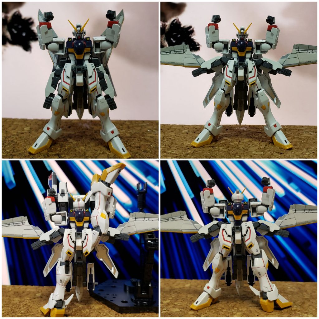 変形手順ですが、まずマッスルポーズをします。
次にウィングユニット、リアスカート、サイドスカート(シザーアンカー)を機体幅方向に伸ばします。
フロントスカートを前へ折り、脚部を外側へ回転させそのまま上方へ折り畳みます。
その後フロントスカートは元に戻します。