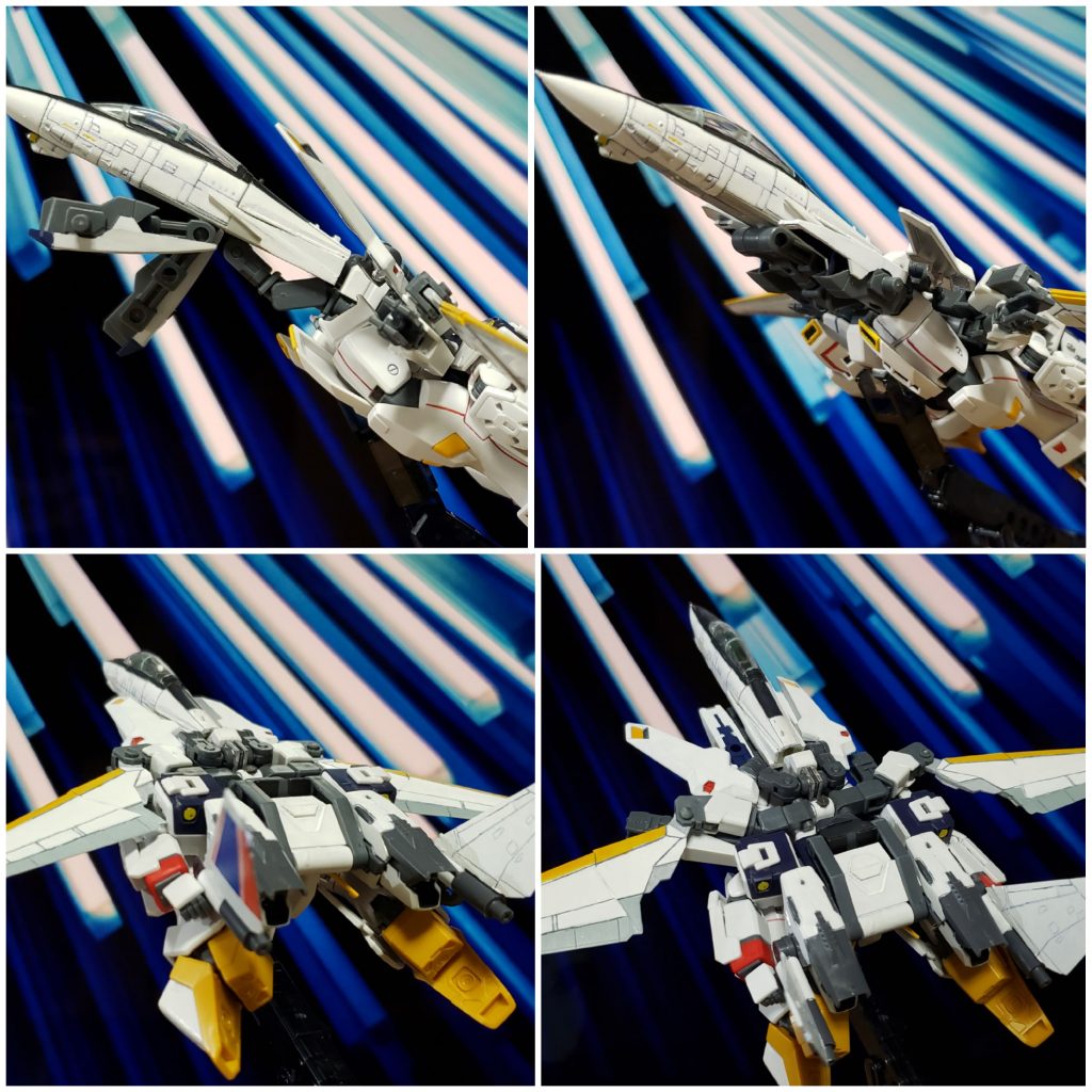 次にエアインテークユニットを脚部接続軸の切りかきに合わせるように動かします。
リアスカート、サイドスカートを定位置まで動かし、最後に主翼をリアスカートに噛ませてロック、尾翼の角度を整えます。