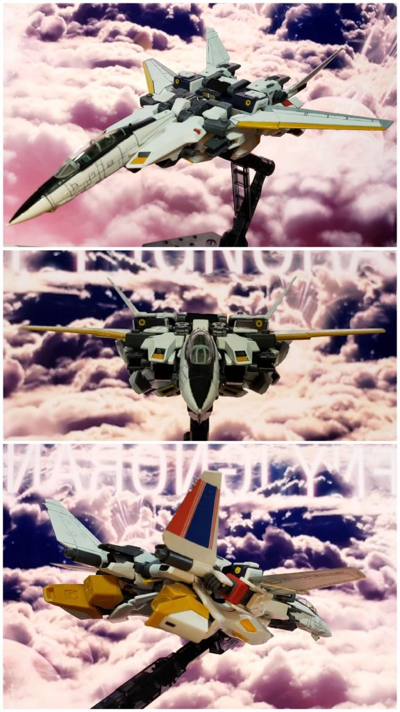 ファイター形態です。主翼はガンダム作品の代表的な後退翼ですが、尾翼を可変V尾翼にしてマクロス作品にありそうな雰囲気を図りました。
主翼付近のパーツ構成はF14を参考にゼータ系に見られるウィングバインダーをエアインテーク、スタビライザー、ウィングユニットの3つに分け、MS時にはバラバラに動き、バルキリー時にはウィングバインダーのような形状になるよう工夫しました。