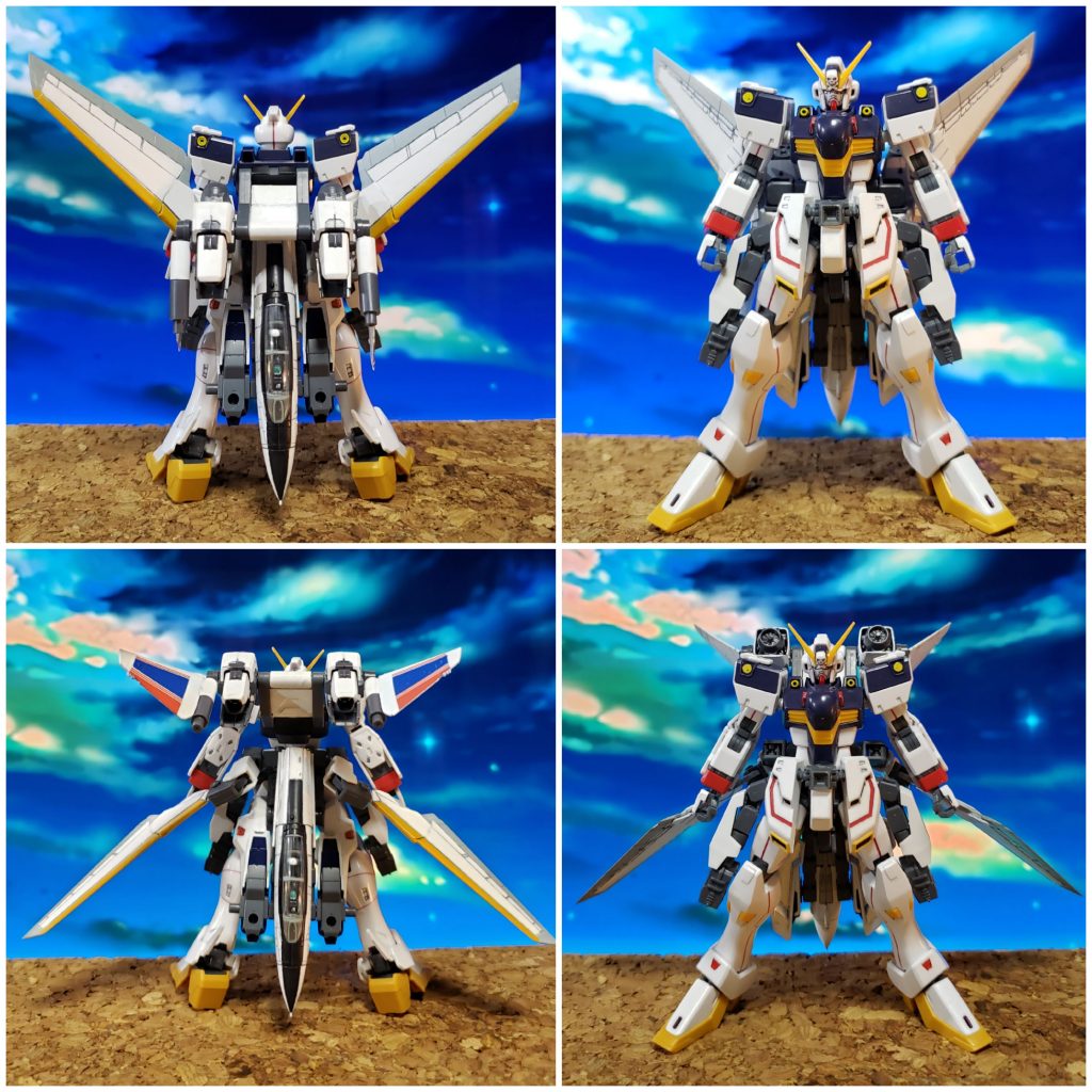 とりあえず素立ち2形態です。翼は展開すると「X」字になる等多彩な表現が可能です。
クロスボーン本体はスカート部全外装パーツの変更、足甲パーツの交換をしました。
フロントスカートは脚部可動を考え、新規で接続軸を若干前に出しました。
サイドスカートはスカルウェポンのアームを使用してこちらも脚部可動に緩衝しないように可動軸を設け、スカートパーツにはクロスボーン系特有のシザーアンカーのようなものをつけてみました。
ディスプレイ用の3mm穴にはノーズユニットを取り付けてます。
リアスカートは機体幅方向に開き、変形時ノーズユニットを位置決めする役割を担っています。
バックパックはHGBDカスタムウェポンセットからファンネル？用のアームパーツに壽屋のブースターを着けました。
主翼はF14の主翼にジャンクのウィングを着け、プラパンでサンドしました。
尾翼はsu-30のものです。