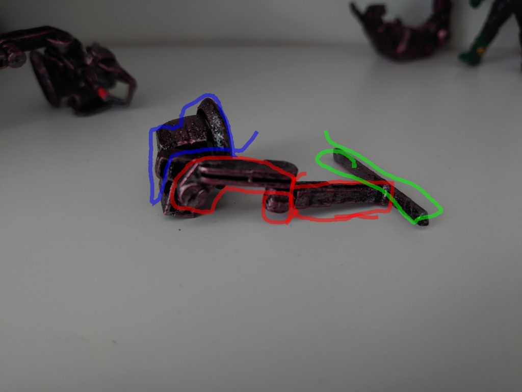 HGバルバトスルプスの背中に付けるヤツ(赤)とどっかから拾ったパーツ(青)を合体させ、ランナー(緑)を切った貼ったをして完成した足に見える何か。