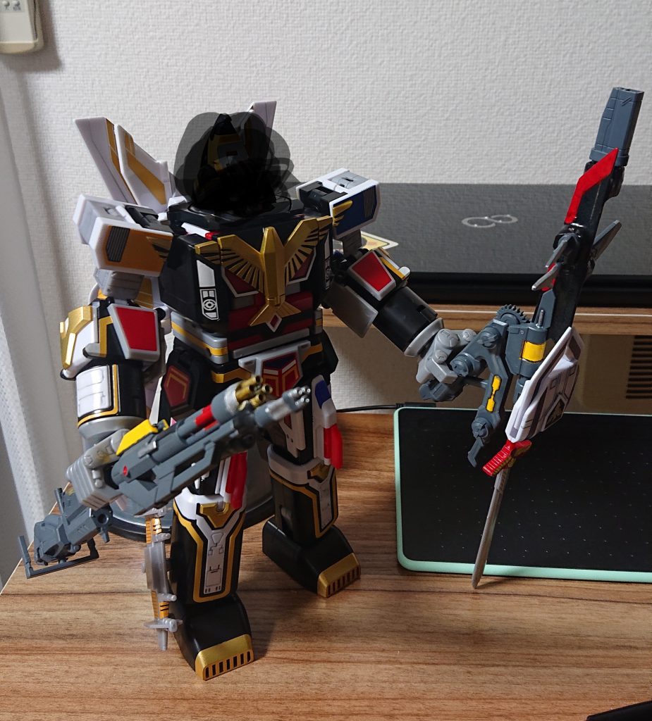 本当は彼用に作った武器なのですが、やっぱり重すぎました。ガンダムじゃないので顔はマスキングしておきますね。
余談
この後、ジャイアントショットを床に派手にぶちまけて文字通り飛散なことに。。。。😢