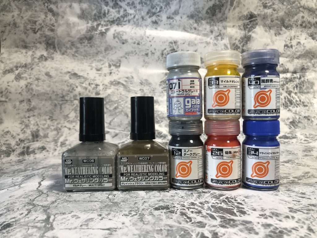 ざっくりカラーレシピです
本体青1#ブライトロイヤルブルー
本体青2#風群青
本体赤#焔朱
本体黄#マイルドオレンジ
本体白#ニュートラルグレーⅠ
メカ部#スノーダークグレー