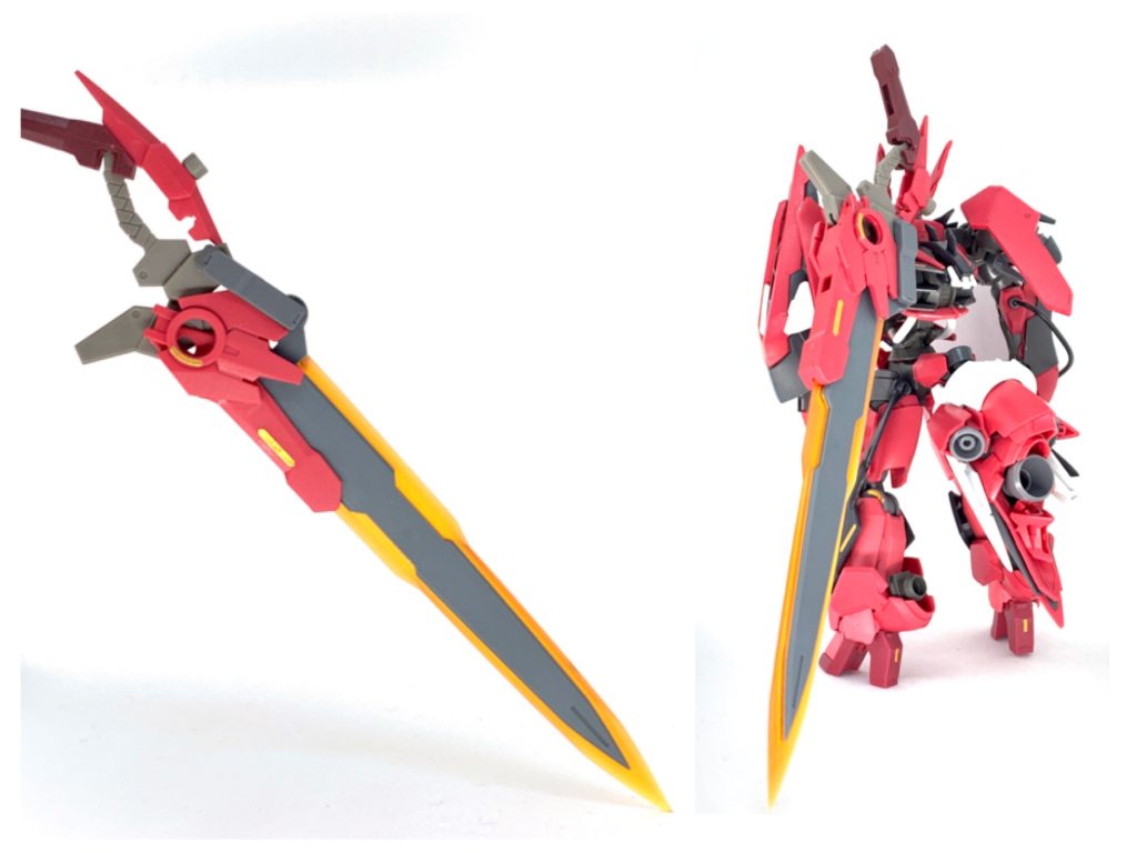 GNラストサバイバー
MGプロミネンスブレイドをHG用に打ち直したやつ。本体が墜ちてもこれだけその辺に転がってるのでその名が付いた。
コネクタで太陽炉と接続するので右手にしか持てない。肩にもギリマウントできるぞ。
左手の盾はヴェッターハーン(逆風に立ち向かうもの)。