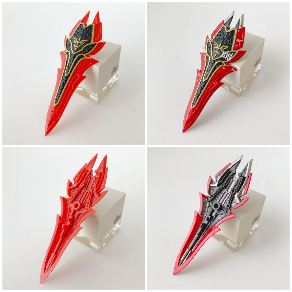 シールドの塗装は素体の黒金部分はそのまま活かしつつ、マスキングを繰り返して塗り分け。機体本体は光沢クリアーですが、ビーム・ライフルとシールドは半光沢クリアーで仕上げ、存在感を少し抑えています。