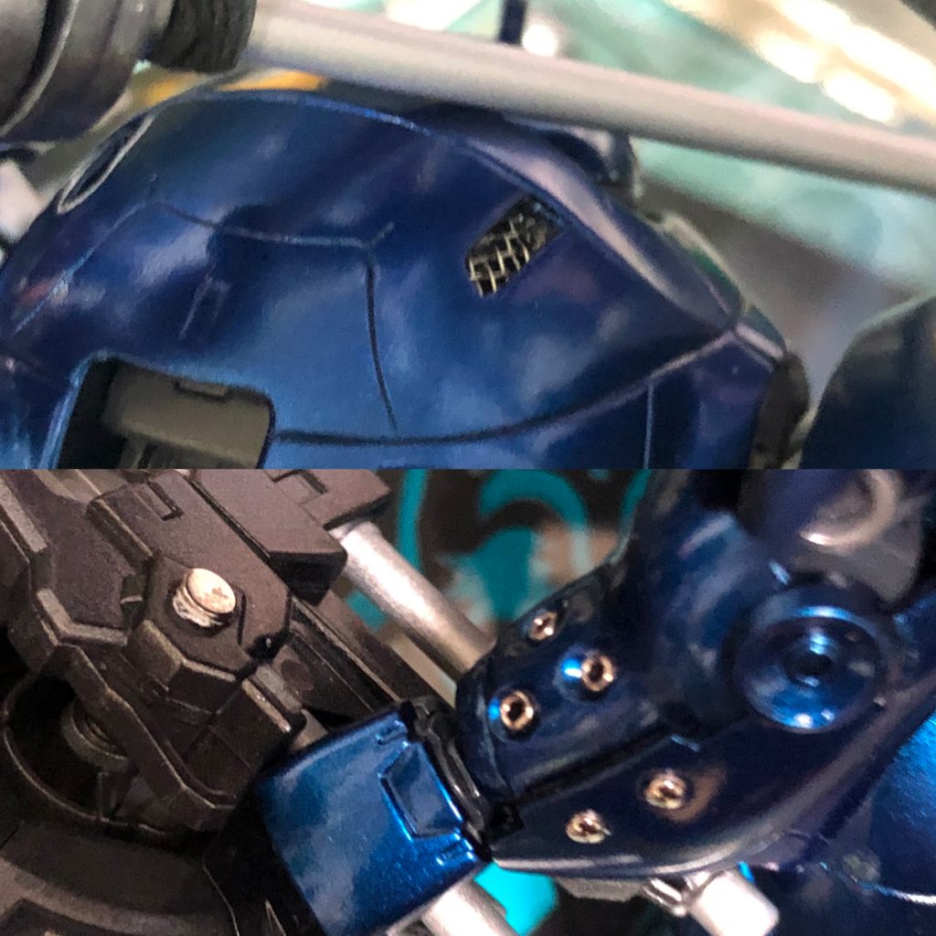 メタルパーツ的なもの。
模型メーカー市販品買うとくそ高いので、それっぽいものを使用。
ダクトのメッシュは百均のあく取り、他はメッキビーズと虫ピンのアタマ。
あく取りのメッシュはデザインナイフで切れます。虫ピンは百均ではダメです。カタチが不揃いなので文房具屋さんで扱ってるか確認してください。面取りしてから埋め込んでます。

この3点で大体600円くらい。
胴の動力パイプのみwaveさんのスプリング使ってます。