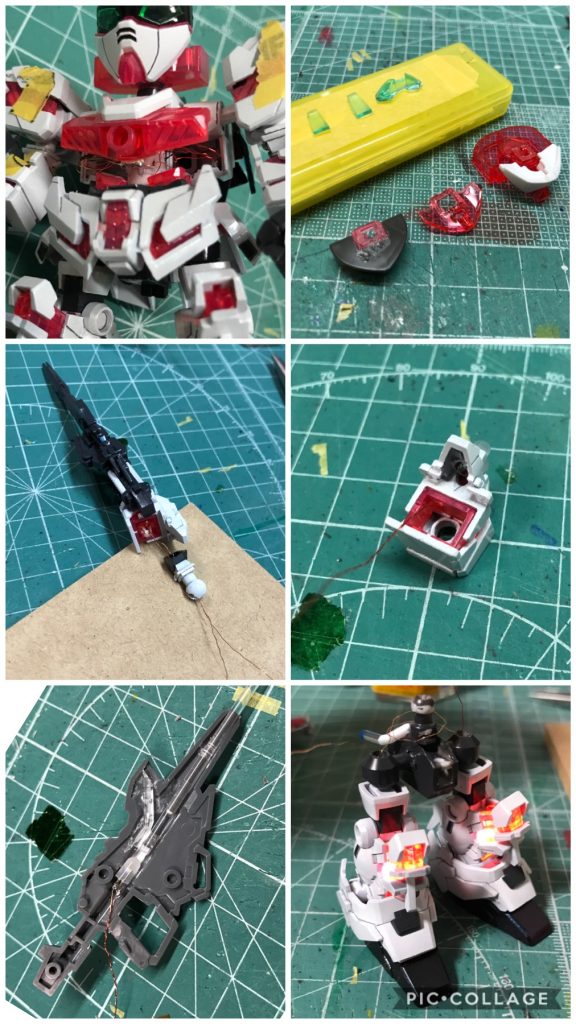 バーニアとライフルは曲がる2mmプラ棒を使って光ファイバーのように光らせました。
ライフルとバックパックは先に電飾してから接着し、他のLEDは塗装後にしました。それぞれ直列3つを先に電飾し、最後にまとめて胸部にしまいました。
LED設置後接着するパーツが多いので不安でしたが、なんとかなって良かったです。