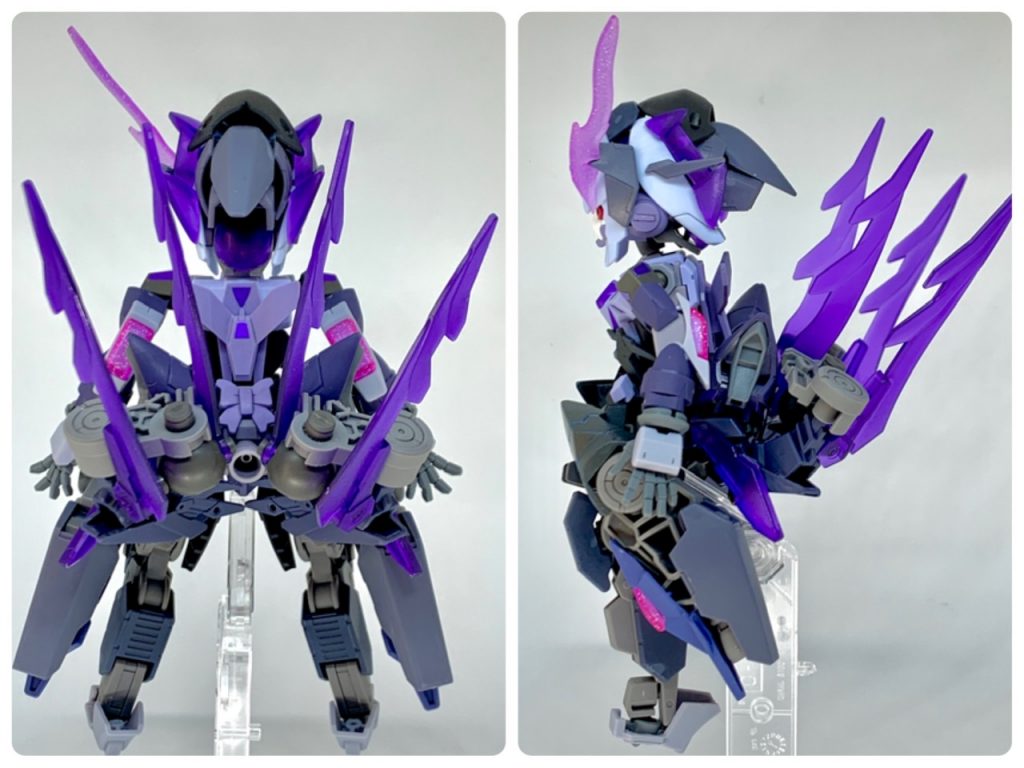 リボンはデザインから浮いてるけど将来リクとの記憶をきっかけに復活みたいな物語性を予感させてエモいと思ったので残置。
復活後も本気出すとバグを起こせるとか良い。良くない？

〜〜
以下蛇足
ディメンションの汎ゆる変数に介入可能で、GBNに於いては事象改変に近い振る舞いを見せる。出会ったらあいてはしぬインターネットの怪異。
改竄の際、ブレイクデカールを介した阿頼耶識が発動。ただしELダイバーである彼女が阿頼耶識によって接続しているのは当然［パイロット-機体］ではなく、［自己-サーバ］。

射出成型機をハックしてリアルにも自力で顕現する。
勿論、地球上では単なる小型ロボットだが、実体を持つことでネットワーク外やスタンドアロン環境への物理ハックが可能となる。