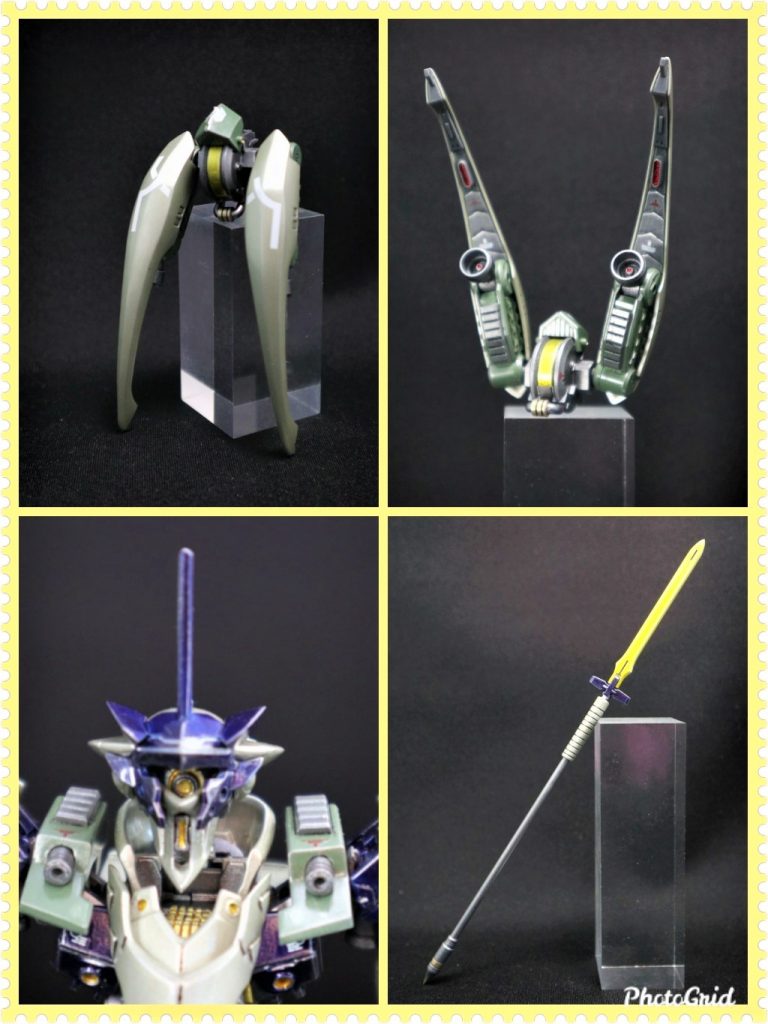 ツインテールスラスター通常時&展開時、ヴァルキュリアスピア、フェイスアップ。顎ガードをおろすとカメラアイが確認できます。センターカメラは大きくしてます。