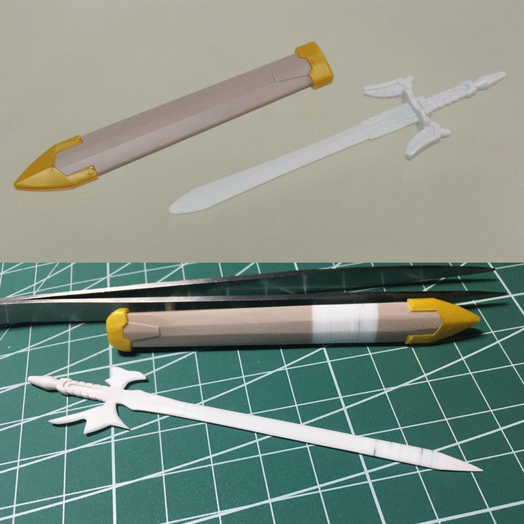 剣はジャスティスナイトのナイトソードを延長&形状変更、それに伴い鞘も改修