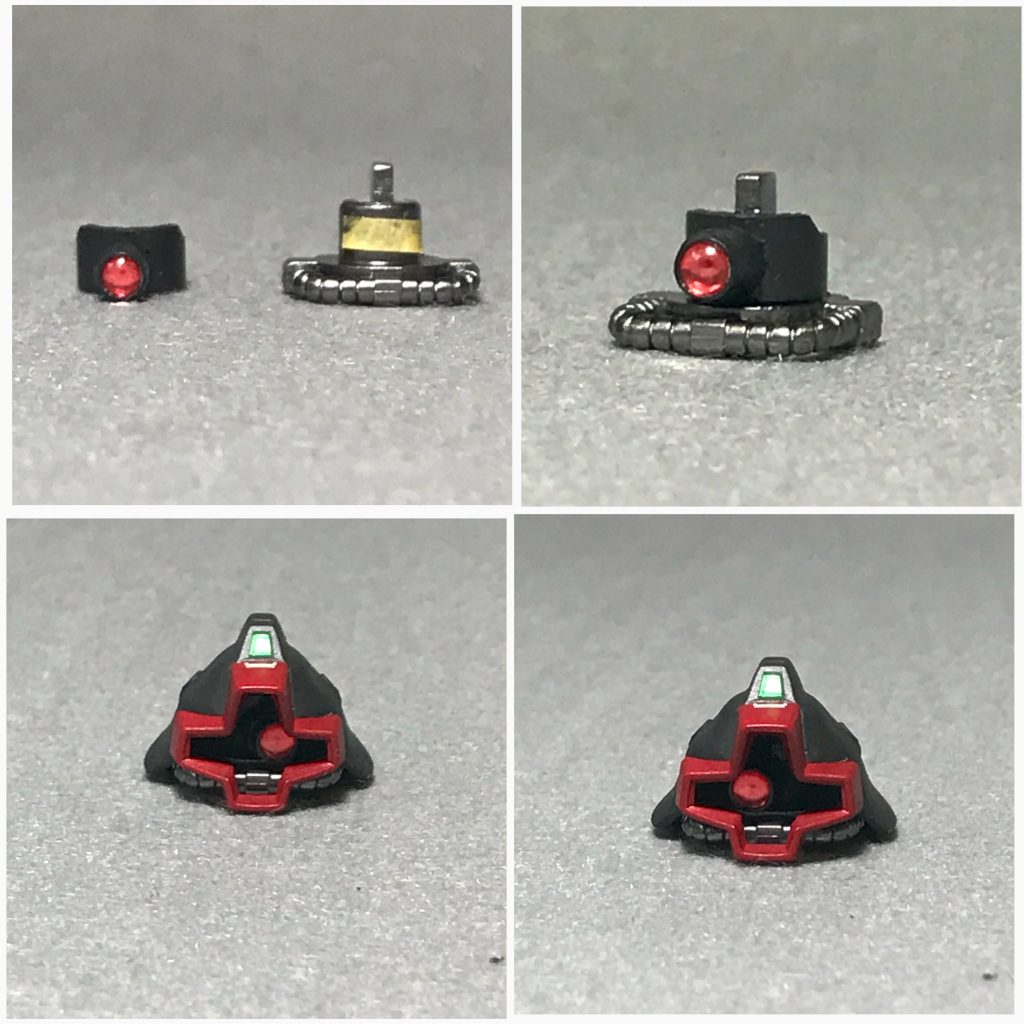 モノアイ可動化
元キットパーツにプラパイプを被せて可動化しています。マスキングテープが貼ったままなのは、プラパイプの内径の関係です。
ドムは設定的には上下左右にモノアイを動かせますが、当方の技術不足で左右のみの可動ですw