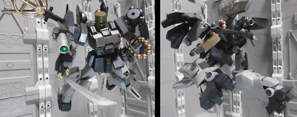 空中の妖怪にも対抗できるよう、グレイズの宇宙用ブースターユニットを転用。対空戦を可能に。
すーぱーふみなのバックパックを使っています。これ便利ですよね。
杖はHGBCのジョイントで懸架し、数珠は引っ掛けているだけ。
左肩装備の上方にある穴を埋めていないのには理由があり、