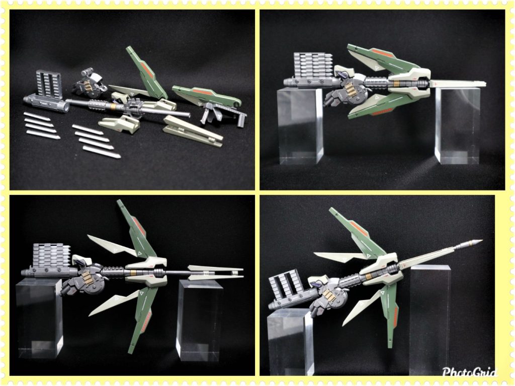 ミスティルティン各画像。各パーツ分割、収納状態。展開状態、ヴァルキュリアスピア柄部分を弾頭使用時。