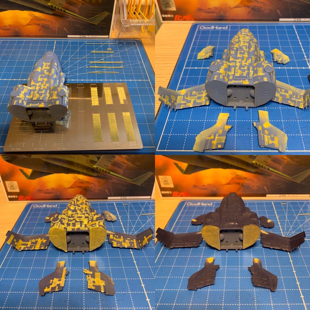 左上：マスキング中、「idola マスキングテープカットガイド プレート型［直線］」や0.5～1mm幅のマスキングテープを使用
右上：1回目マスキング完了
左下：2回目マスキング完了
右下：最も暗いダークマーズブルー塗装完了