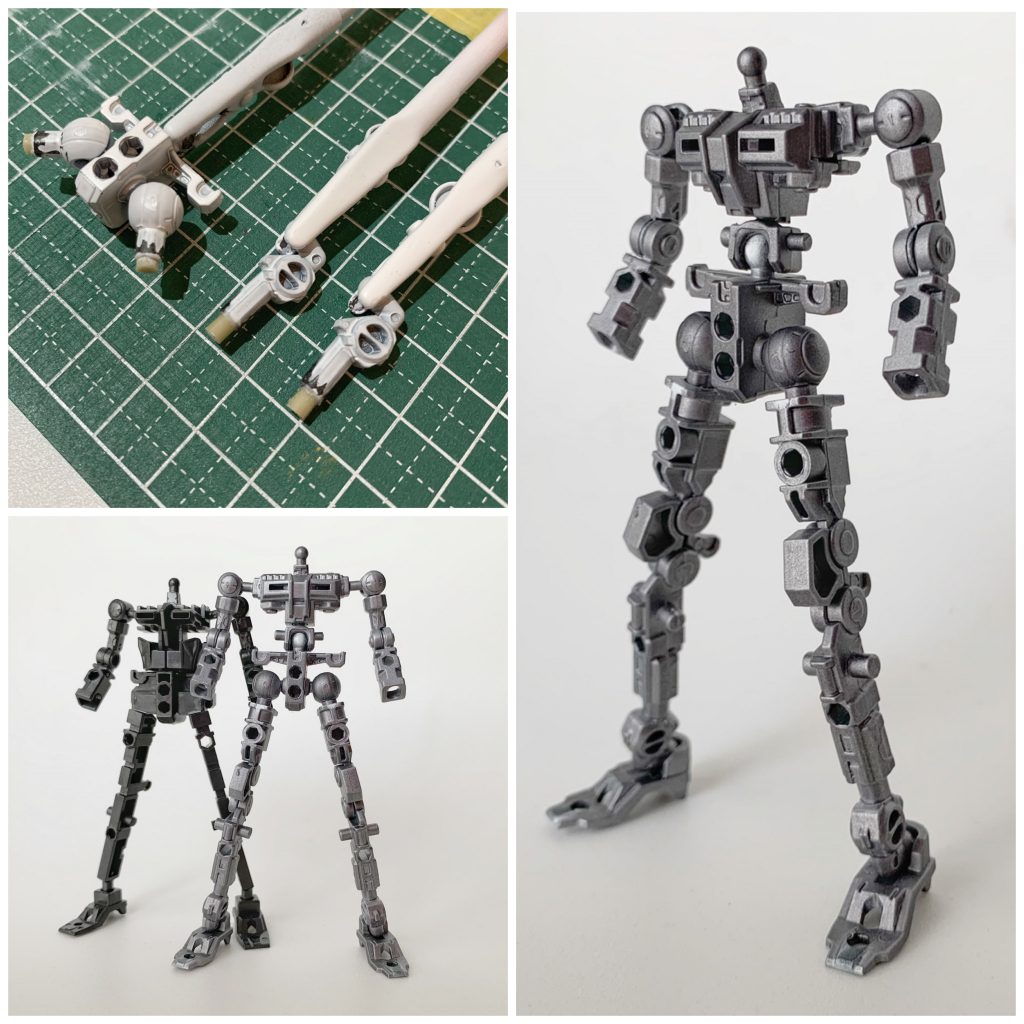 稼働フレームの一部を延長して頭1つ分くらい足長化。延長は、太腿パーツ接続凸とくるぶしパーツ接続凸に余っていたランナーを切り貼りして接着。切り貼りしたランナーは全体のバランスを見ながらカットしたわけではありませんが、結果的にちょうどよいくいらいのバランスになったかなと(汗可動フレームは黒サフ→ライトガンメタル→半光沢クリアーで塗装しています。