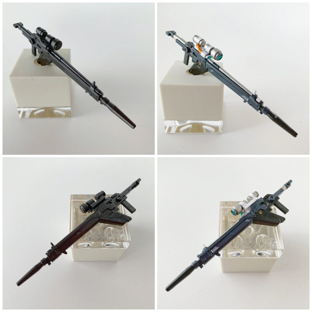 ビーム・ライフルは素体無加工ですが、黒単色の2パーツ構成を塗り分けで複数パーツを組み上げたような感じに。照準器の前後には コトブキヤ M.S.G マイナスモールドⅡをペタッと。