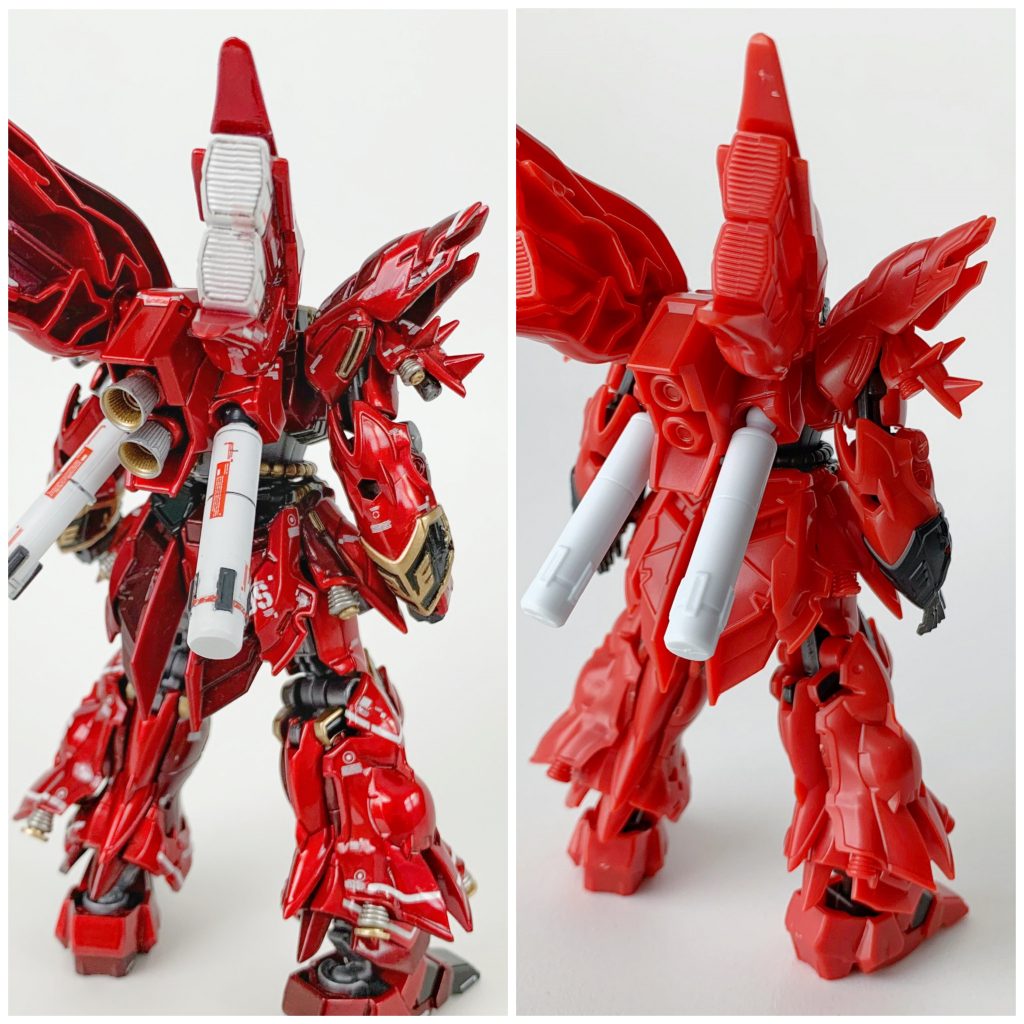 【塗装工程】①Mr.フィニッシングサーフェイサー1500 ブラック②GSIクレオス Mr.カラースプレー S9 ゴールド(明るい赤部分、各部スラスター、パイプ等)③タミヤカラー スプレーカラー TS-42 ライトガンメタル(暗い赤部分)④タミヤカラー スプレーカラー TS-74 クリヤーレッド 2層塗り重ね⑤デカール貼り、スミ入れ、部分塗装⑥Mr.スーパークリアー 溶剤系スプレー 光沢の順に塗装してから、⑦⑨ハセガワ セラミックコンパウンド(TT-25)で仕上げています。