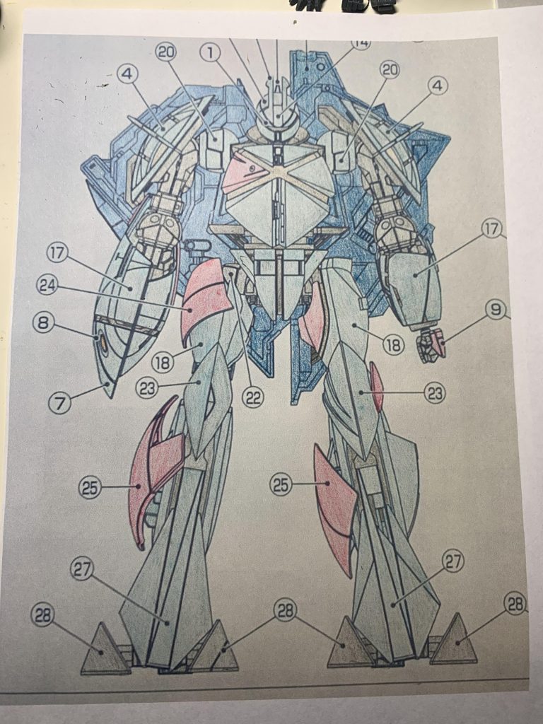 こんな感じで、説明書にあったやつをプリントアウトして塗り絵をして色の構想を練りました。
完成したものとはちょっと違いますがこうやって構想を練るのはとても楽しいですし、この方がうまくいきますね。