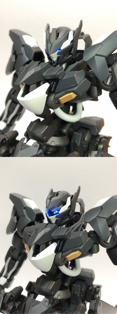 〈エイハブフィールド〉 胸部装甲上部のスリット部分に搭載された重力場発生装置。エイハブ粒子による重力場をコクピット前方に形成することで弾道を反らし、コクピットへの被弾を軽減する事が可能。
〈コクピット開閉ギミック〉