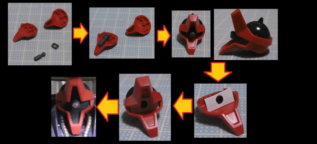 頭部はモノアイ可動化させてみました。
内部をくり抜き、加工したＰＣ－０３（ｗａｖｅ製）を瞬間接着剤で固定。強度確保のために３ｍｍ開口したプラシートを接着し、塗装してからボールデンアムアムの最小ＢＪ＋Ｈ・アイズで完成。

多分ＰＣ－０３だったかと思います。０２か０３のどちらか。
試した当時（数年前）のメモが残っていなくて確認できませんが、Ｂアムアム軸のＢＪ部分が無理なく差せる内径のＰＣ。