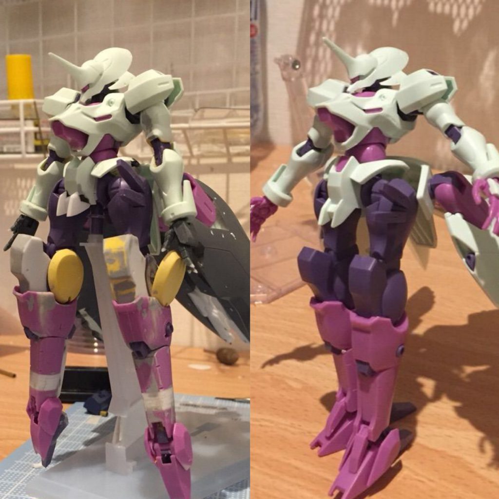 改修前後比較
改修箇所
・首、胸部、腹部を短縮
・上腕と下腕を短縮、ハンドパーツはビンダーズハンドを加工
・フンドシアーマーをプラ板で作成、サイドアーマーを別パーツ化
・膝、脹脛パーツを作成、膝から下のパーツはキットを元に形状修正
・・・・