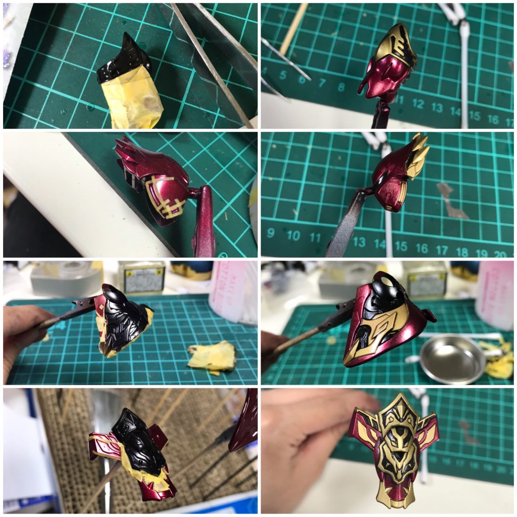 赤塗装後、ブルーゴールド→エナメルのブラックを重ねて拭き取り。
赤部分にだけはかからないように...