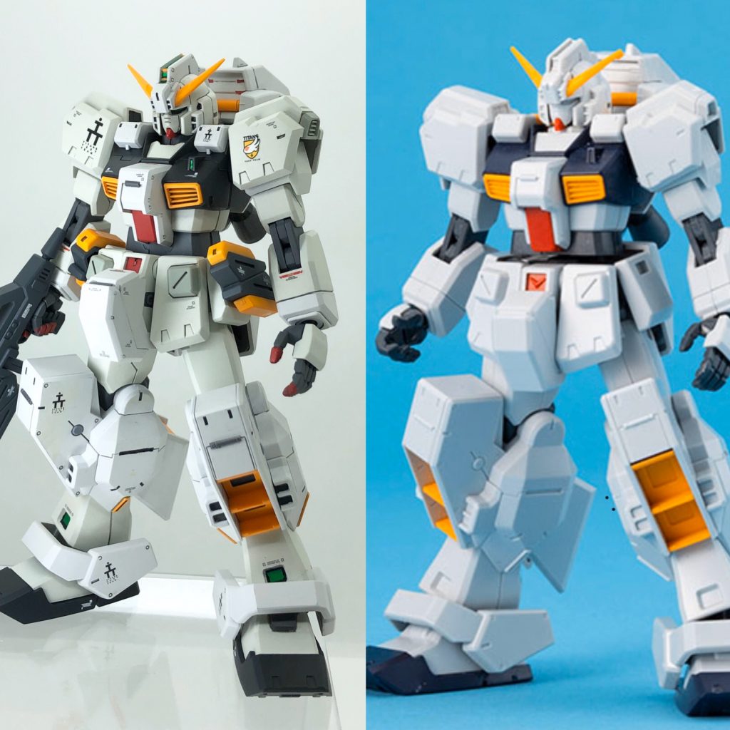 改修前との比較
胴体で1ミリ延長、首回りに空間を作りずんぐり感のあるプロポーションを改修しています。細かいダクトやオレンジバーはマスキングで塗り分けています。