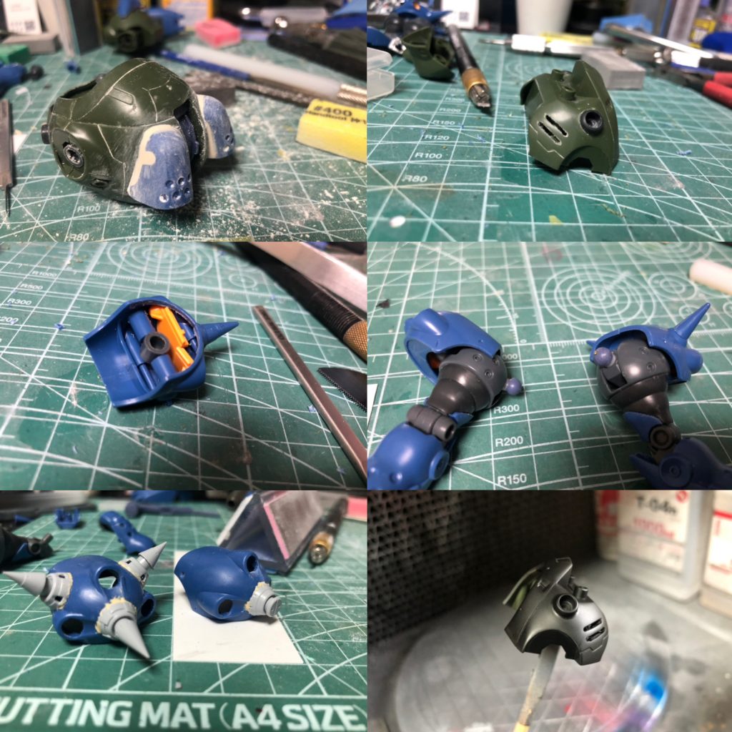 どこにケンプ使ってるかは一目瞭然ですが、合わせるためにパテを使用。
胸部バーニア？は埋め込みました。装甲は一部肉抜きしてます。

合わせ目だらけのパーツ構成になってしまい、合計後ハメ8カ所合わせ目10カ所処理してます。肩の後ハメはキツかった。塗装後うまくはまらない。

腕の接続。3ミリプラ棒にマンロディの接続ボールを真鍮線で軸打ちしてます。
足も同じようなことしてますがもうちょい複雑。

肩スパイクはビルダーズパーツに変更。隙間をパテ、溶きパテで埋めて馴染ませてます。

捨てサフ後、艶が出るまで表面処理しました。黒サフも艶が出ます。