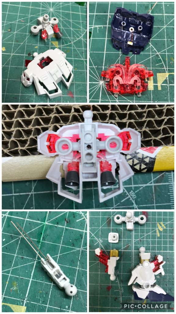 製作途中
胴体サイコフレームとバックパック、ライフル、足裏はHGから流用です。 腹部サイコフレームは前後幅増ししてます。
ツノは小型化し、右前腕はピンを切り、形を整えました。
脚フレームはドリルで開口してLEDを入れ、遮光のため隙間はプラ板でフタし、モモは旧HGの腕を使って延長しました。
腕も延長したのでCSフレームくらいのサイズになりました。